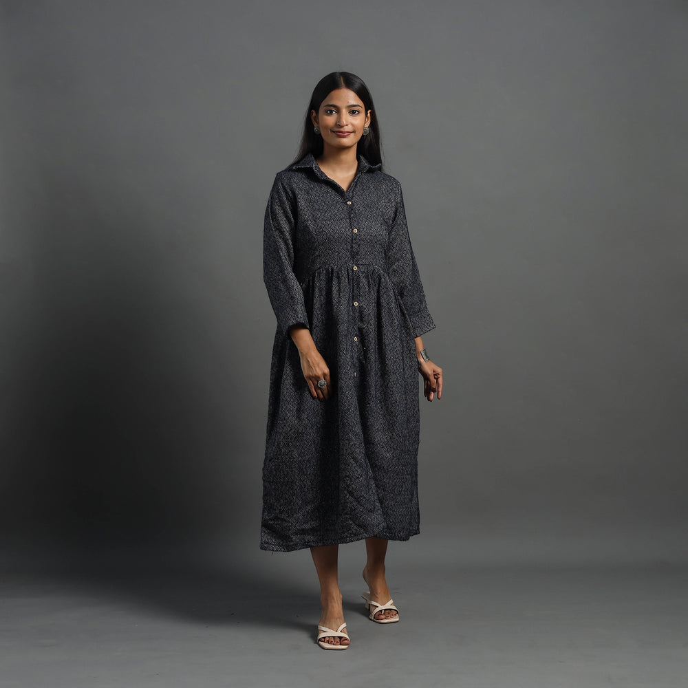 Zahira Black Plain Button Down Woollen Dress 06