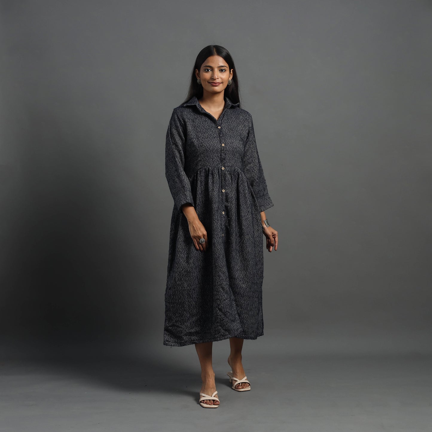 Zahira Black Plain Button Down Woollen Dress 06