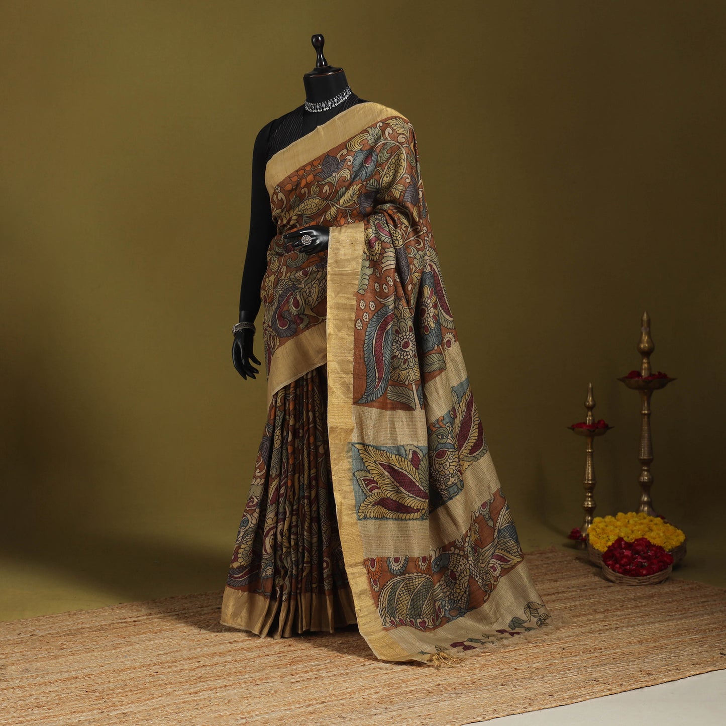 Brown - penwork tussar ghicha silk handspun handpainted