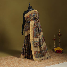 Brown - penwork tussar ghicha silk handspun handpainted