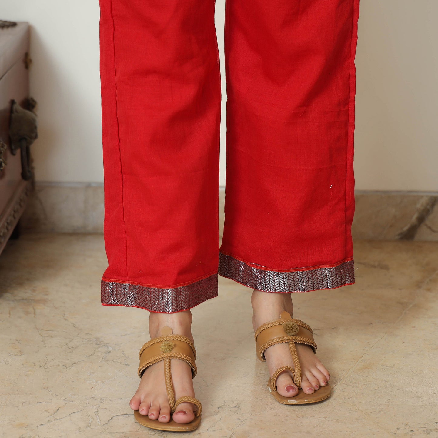 Red - Dharwad Cotton Kurta with Palazzo & Dupatta Set 06