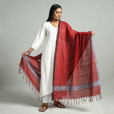 Red - Godavari Jamdani Buti Handloom Handspun Cotton Dupatta with Tassels 17