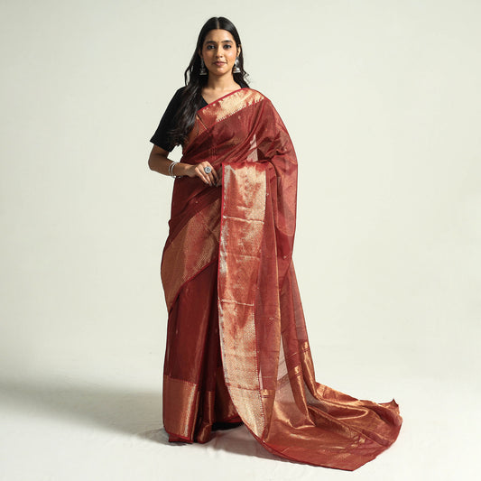 Maroon - Traditional Chanderi Silk Tissue Zari Weave Handloom Saree with Nakshi Zari Border & Buti