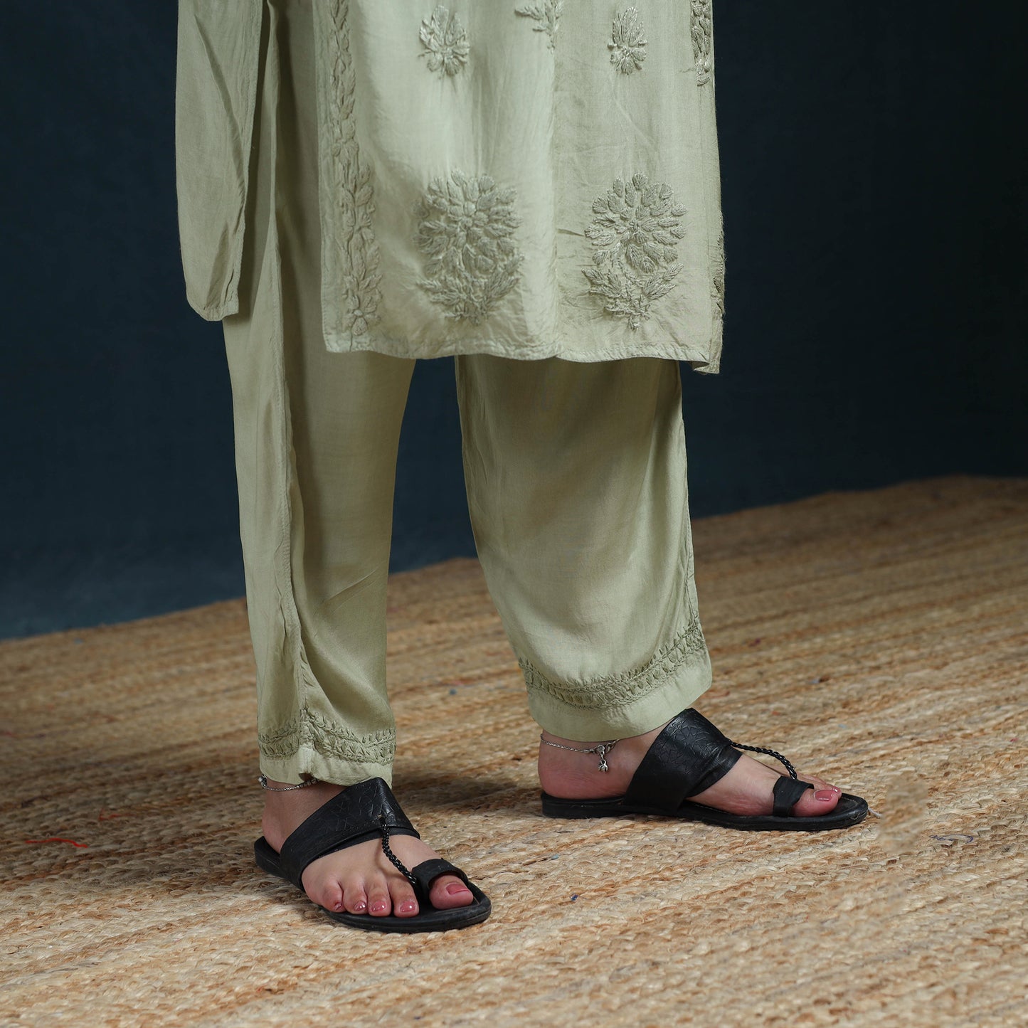 Green - Hand Embroidered Muslin Chikankari Kurta with Pant Set for Women 27