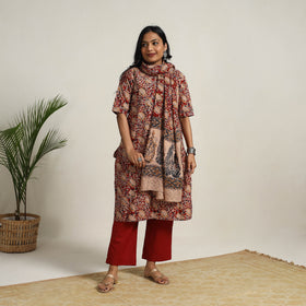 Red - printed cotton kalamkari kurta set 17 - handcrafted