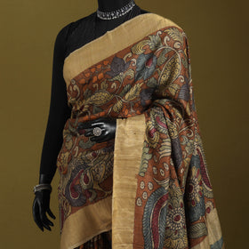 Brown - penwork tussar ghicha silk handspun handpainted