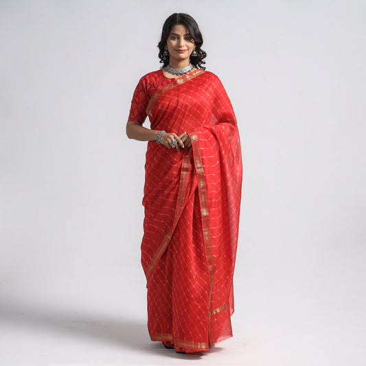 Red - Leheriya Tie-Dye Mothra Chanderi Silk Saree with Zari Border