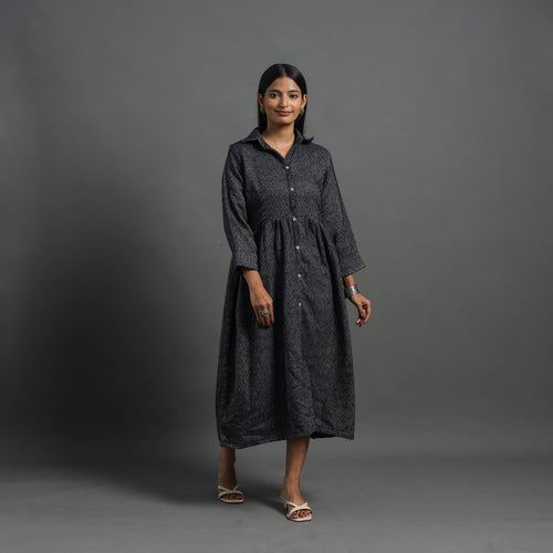 Zahira Black Plain Button Down Woollen Dress 06