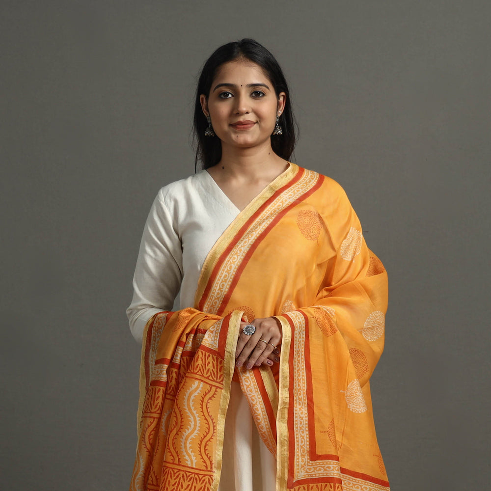 Orange - Block Printed Chanderi Silk Bagru Dupatta 38