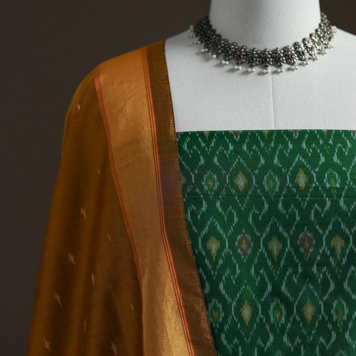 Pochampally Ikat Handloom Sico Unstitched Dress Material: Kurta with Dupatta 16