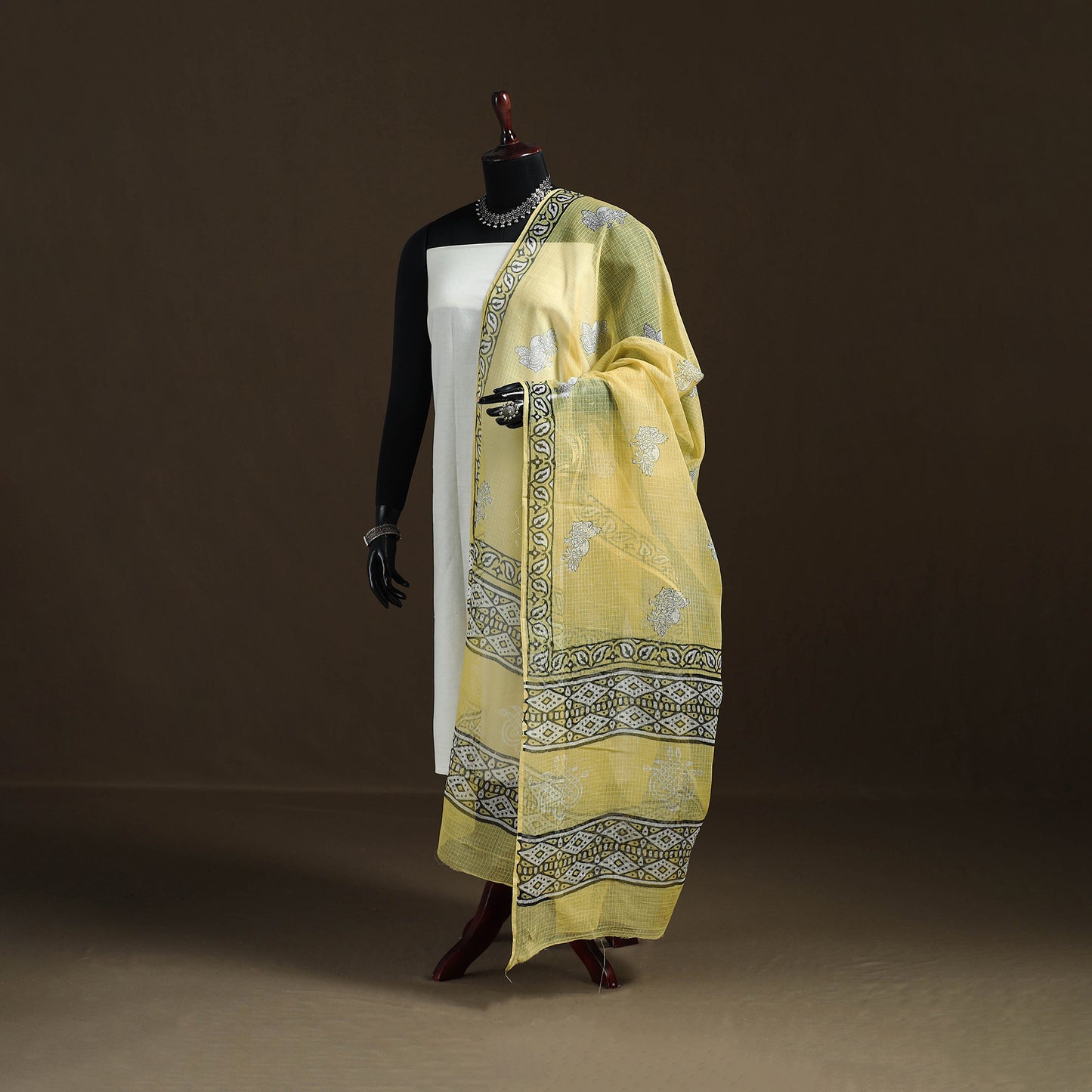 Yellow - Akola Hand Block Print Natural Dyed Kota Doria Cotton Dupatta 24