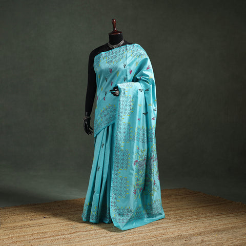 Blue - Bengal Nakshi Kantha Hand Embroidered Silk Saree 36