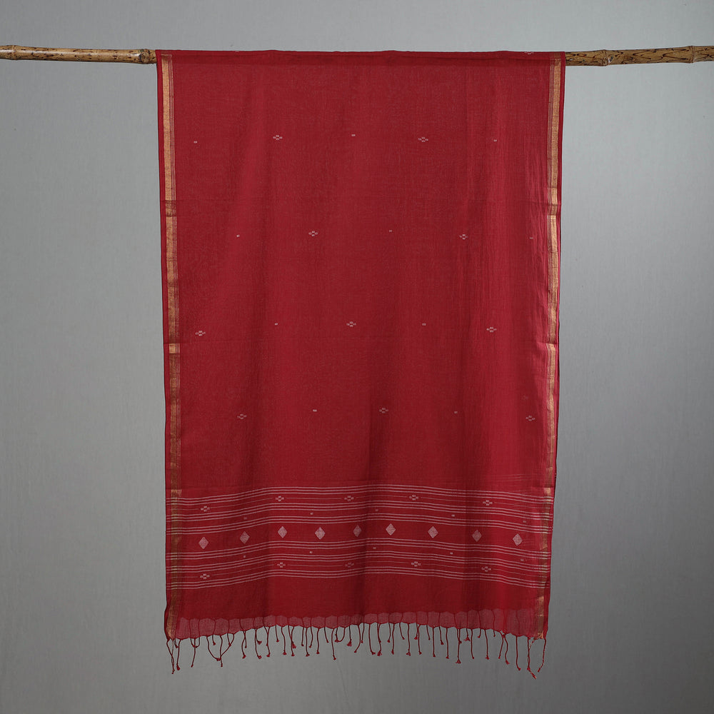 Red - Burdwan Jamdani Cotton Handloom Stole with Tassels 28