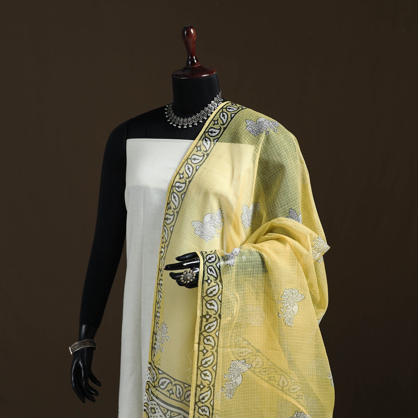 Yellow - Akola Hand Block Print Natural Dyed Kota Doria Cotton Dupatta 24