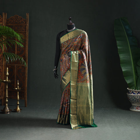 Kanjeevaram Pure Handloom Mulberry Silk Handpainted Srikalahasti Pen Kalamkari Saree with Zari Work 15