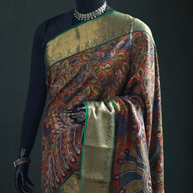 Orange - Kanjeevaram Pure Handloom Mulberry Silk Handpainted Srikalahasti Pen Kalamkari Saree with Zari Work 15