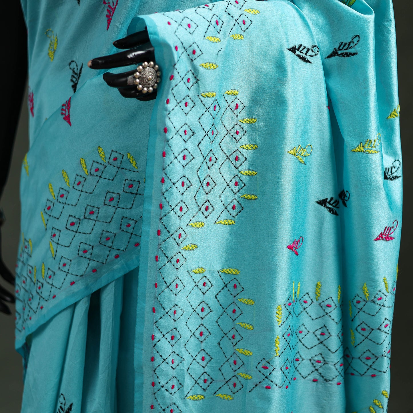 Blue - Bengal Nakshi Kantha Hand Embroidered Silk Saree 36
