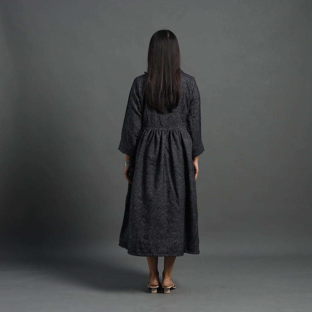 Zahira Black Plain Button Down Woollen Dress 06