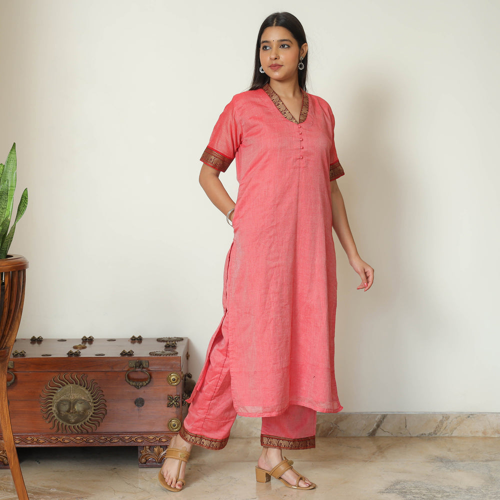 Pink - Dharwad Cotton Kurta with Palazzo & Dupatta Set 07