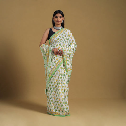 Green - Block Print Mul Cotton Sanganeri Saree 09