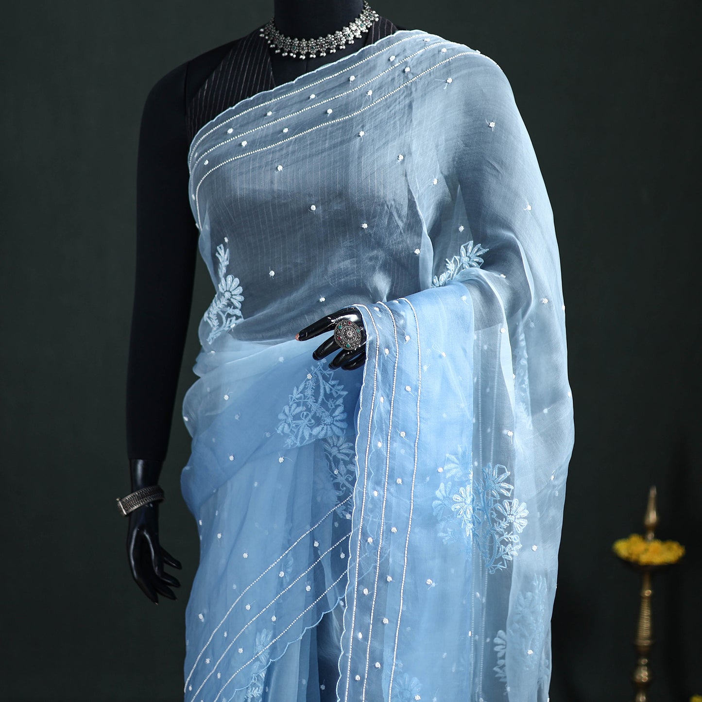 Lucknowi Chikankari Heavy Bead Work Pure Organza Silk Saree 12