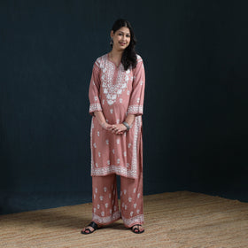 Peach - Hand Embroidered Rayon Chikankari Kurta with Palazzo Set for Women 12
