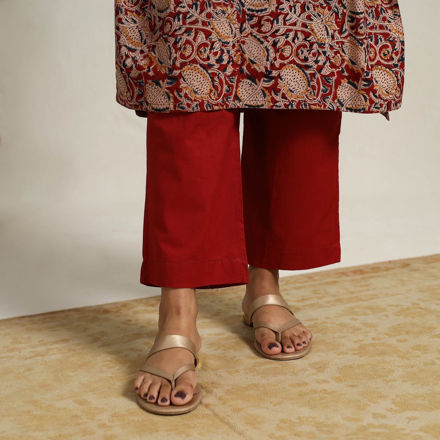 Red - printed cotton kalamkari kurta set 17 - handcrafted