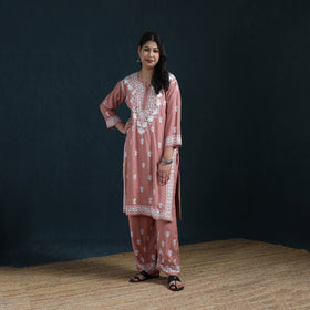 Peach - Hand Embroidered Rayon Chikankari Kurta with Palazzo Set for Women 12
