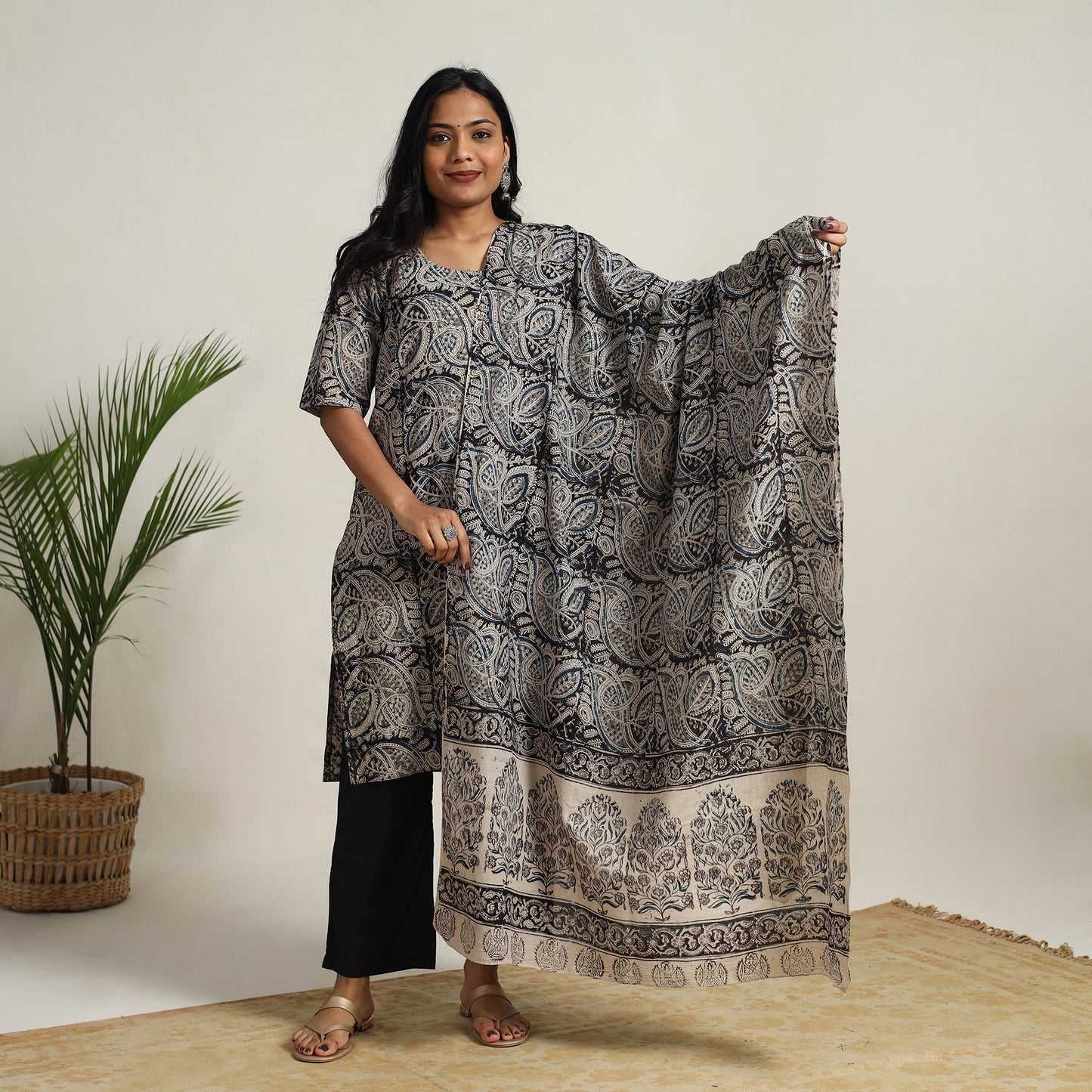 Black - Block Printed Cotton Kalamkari Kurta Set 15