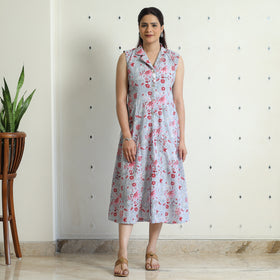 Buy Sanganeri Block Printed Cotton Collared Neck Buttoned Down Dress Online at iTokri.com