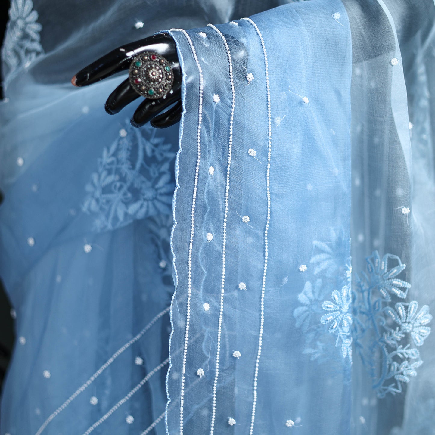 Lucknowi Chikankari Heavy Bead Work Pure Organza Silk Saree 12