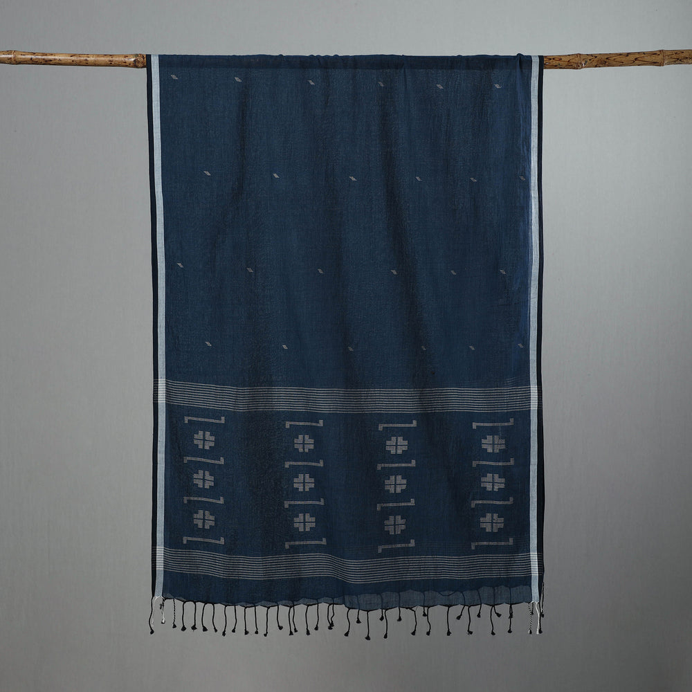 Blue - Burdwan Jamdani Cotton Handloom Stole with Tassels 29