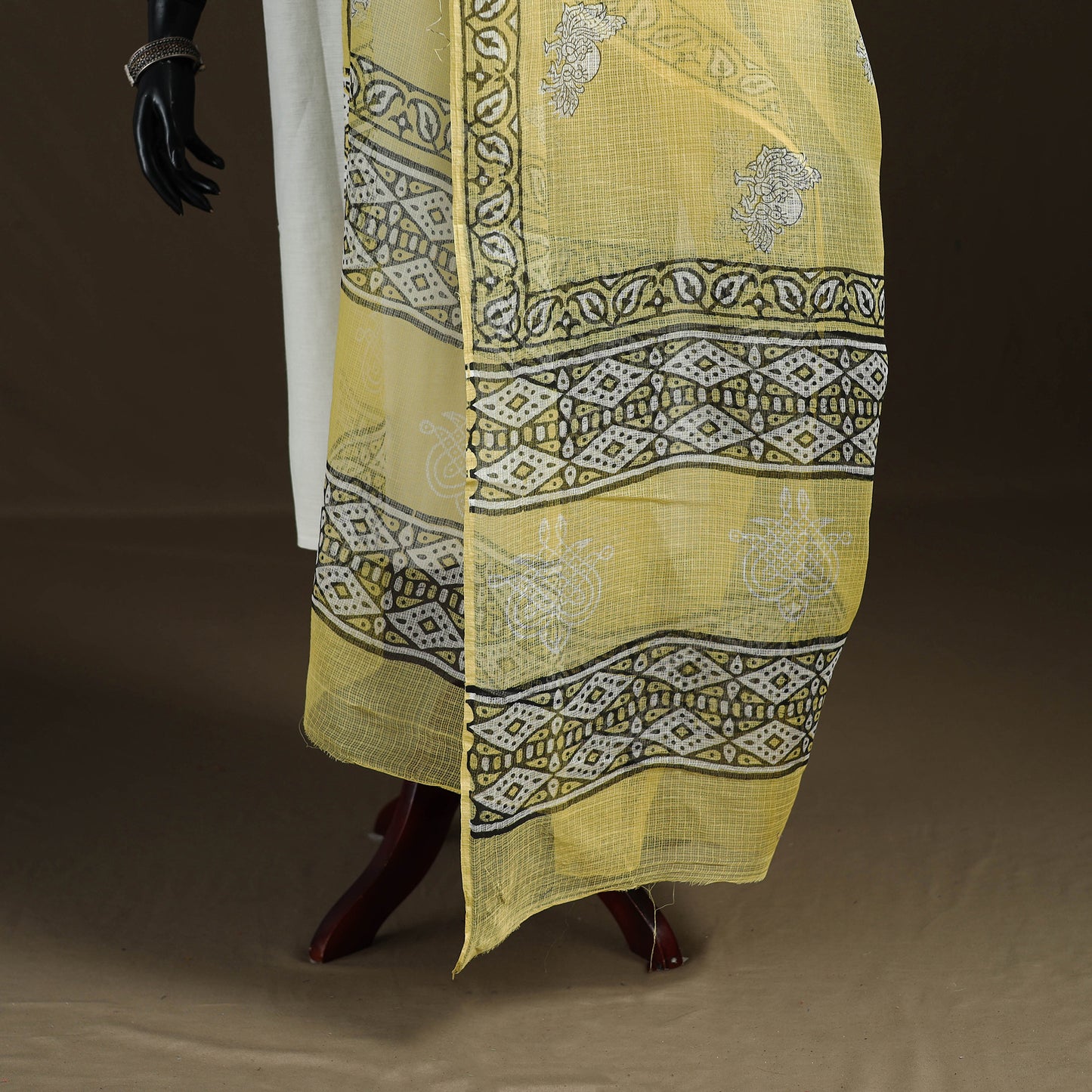 Yellow - Akola Hand Block Print Natural Dyed Kota Doria Cotton Dupatta 24