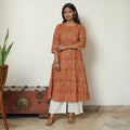Orange - Pedana Kalamkari Hand Block Printed Cotton Pintuck A-Line Kurta 53