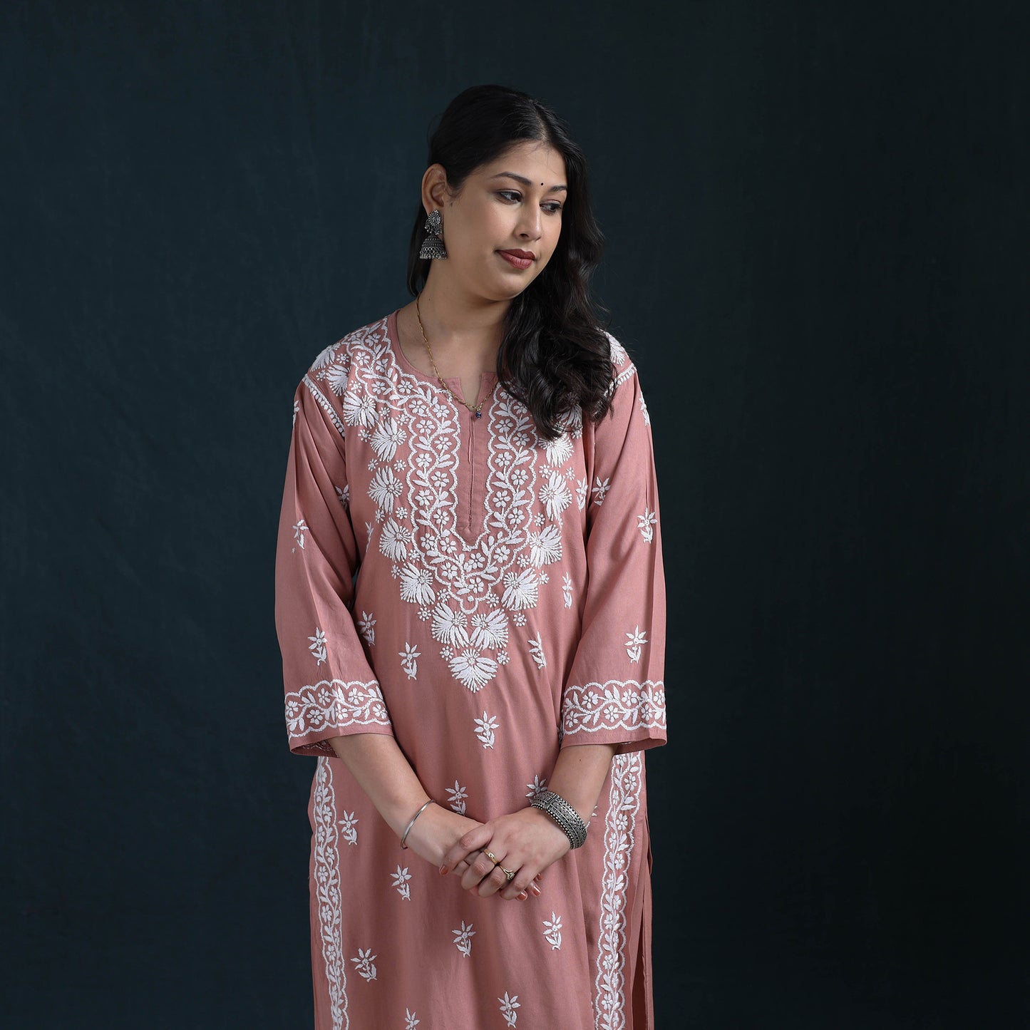 Peach - Hand Embroidered Rayon Chikankari Kurta with Palazzo Set for Women 12