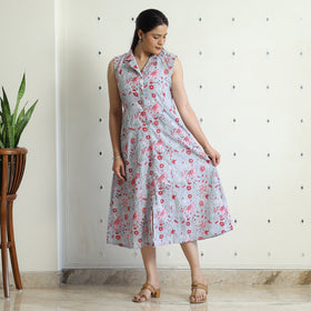 Buy Sanganeri Block Printed Cotton Collared Neck Buttoned Down Dress Online at iTokri.com