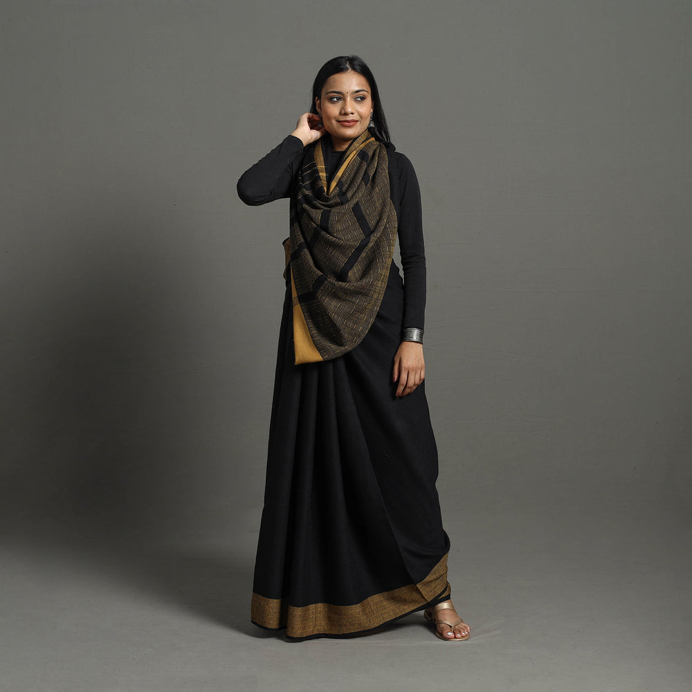 Black - Kumaun Handwoven Pure Merino Woolen Saree 07