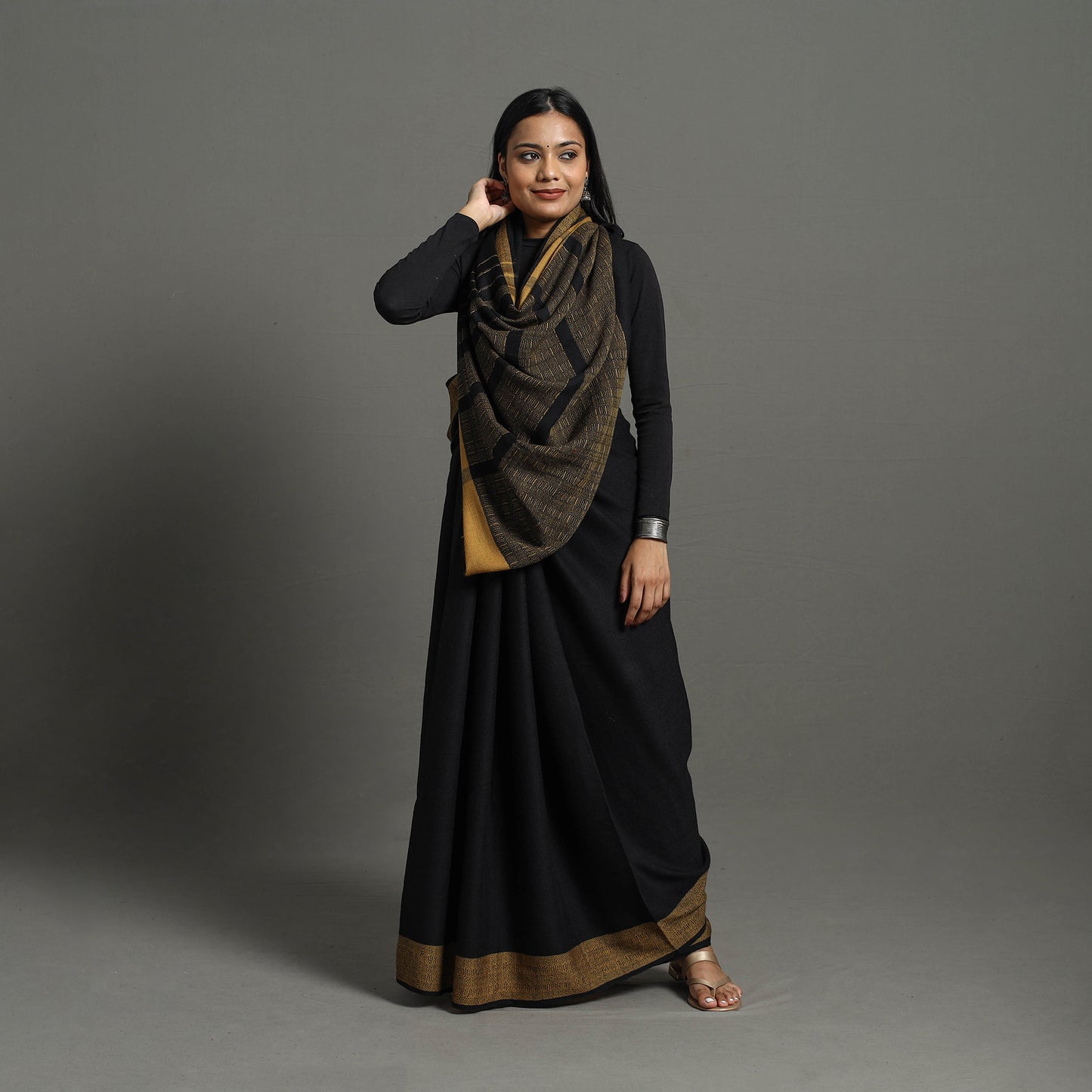 Black - Kumaun Handwoven Pure Merino Woolen Saree 07