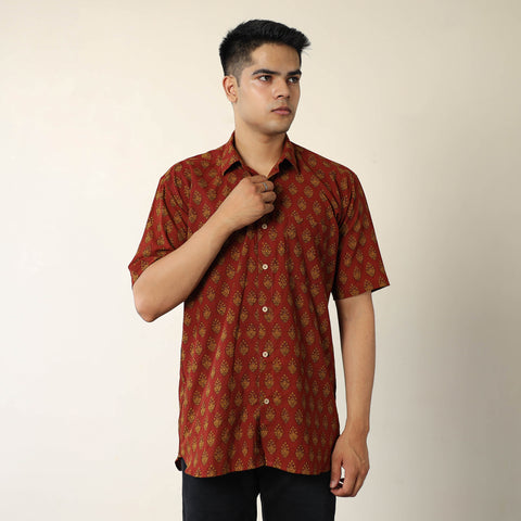 Red - Bagh Hand Block Printed Cotton Men Half Sleeve Shirt 11