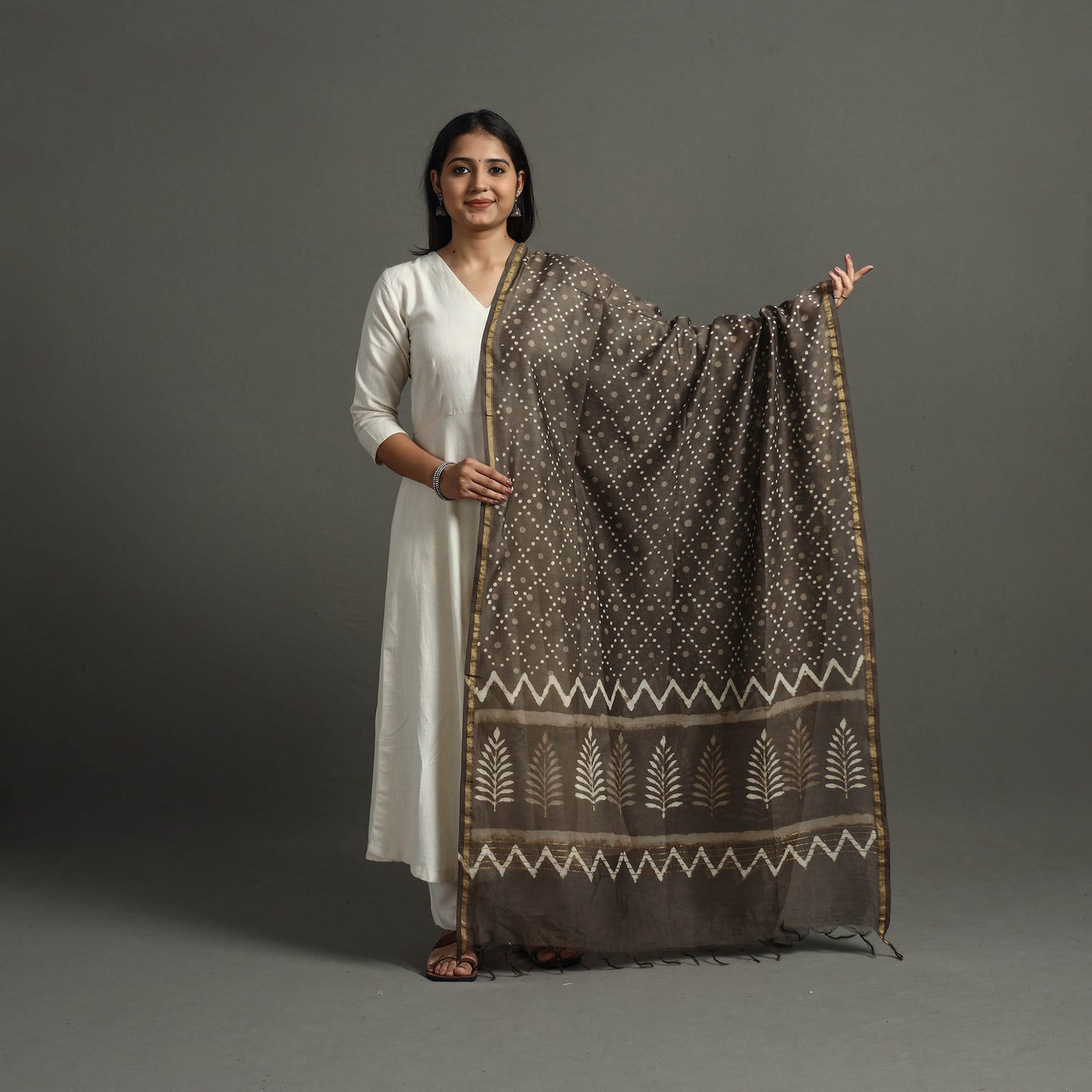 Brown - Block Printed Chanderi Silk Bagru Dupatta 40