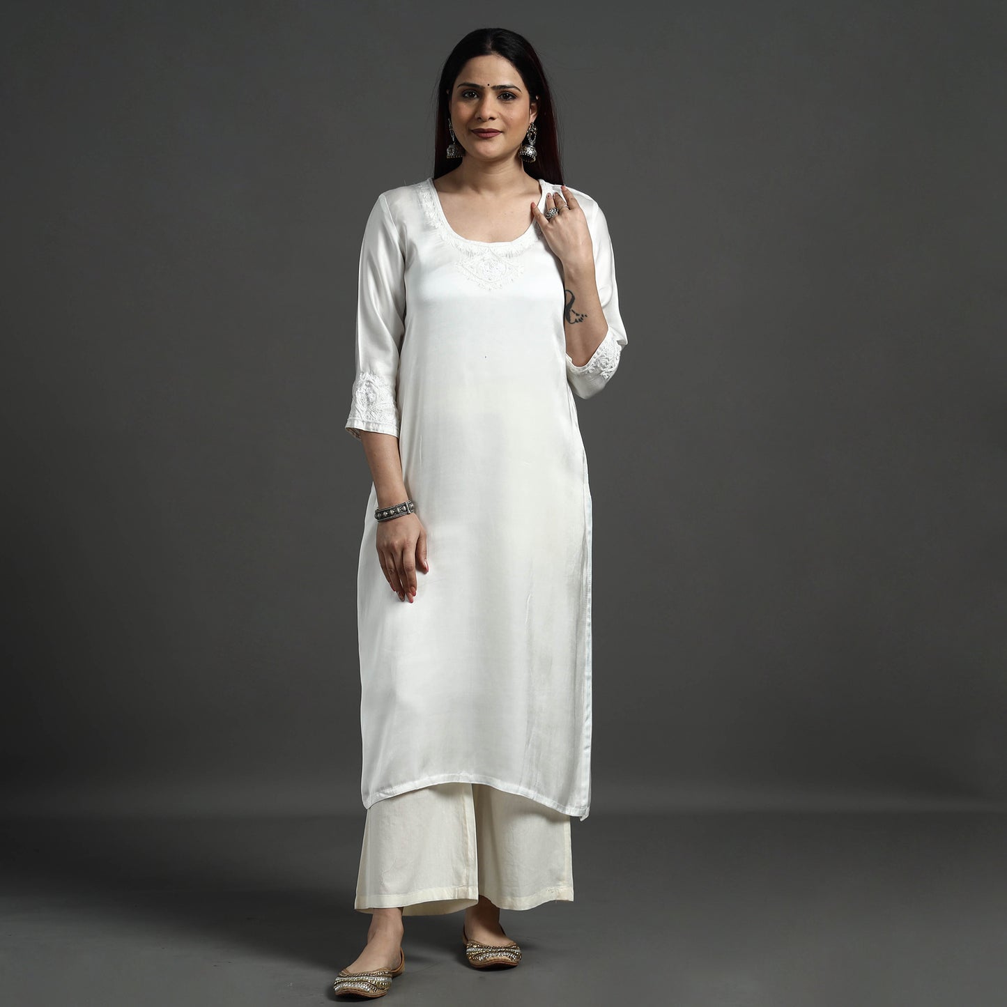 Buy Navy Blue Modal Silk Hand Embroidered Long Kurta l iTokri.com