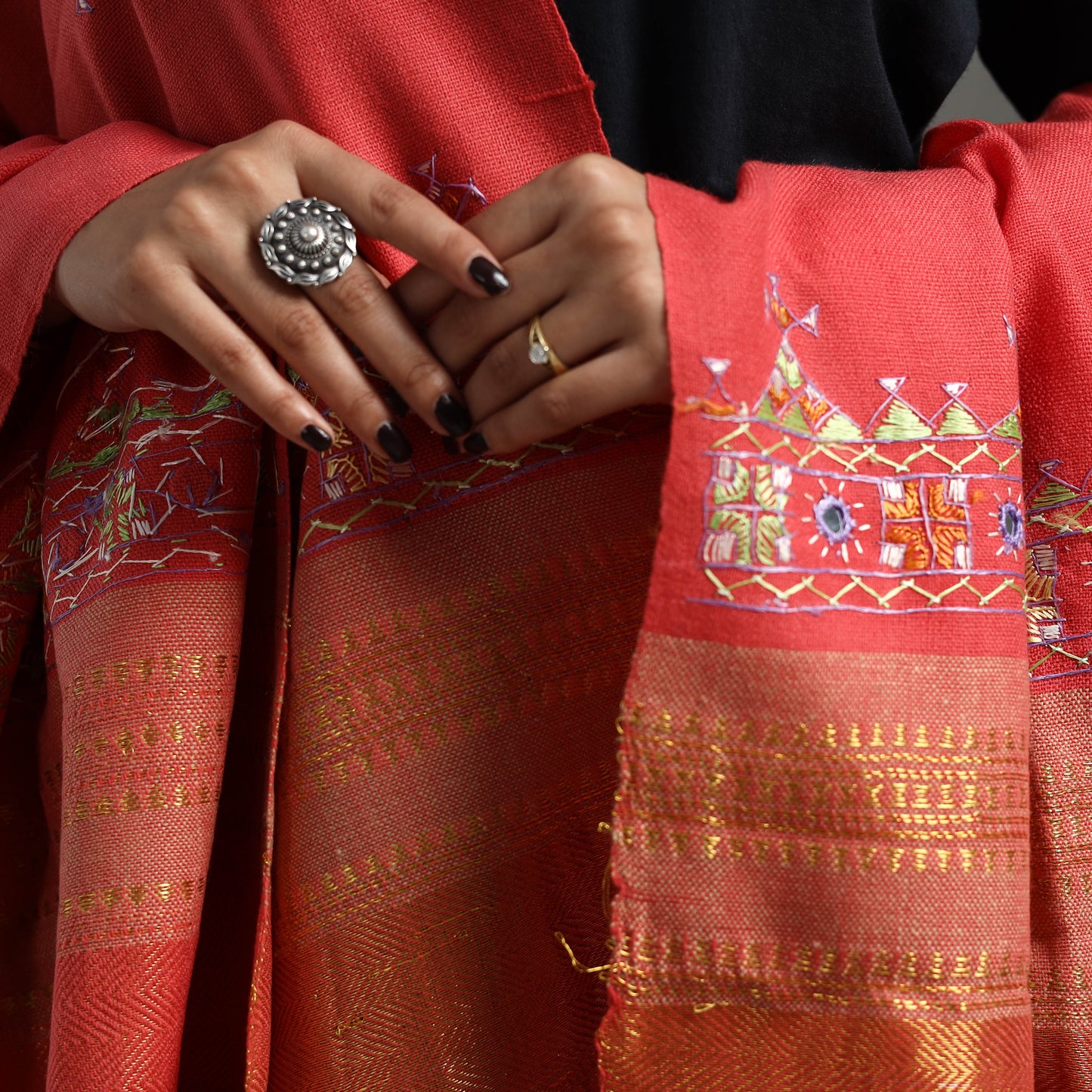 Red - Kutch Neran Hand Embroidery Mirror Work Woollen Shawl 61