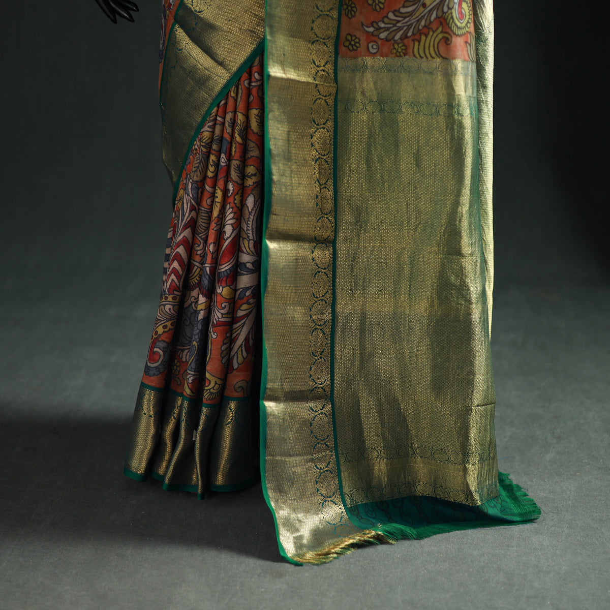 Orange - Kanjeevaram Pure Handloom Mulberry Silk Handpainted Srikalahasti Pen Kalamkari Saree with Zari Work 15