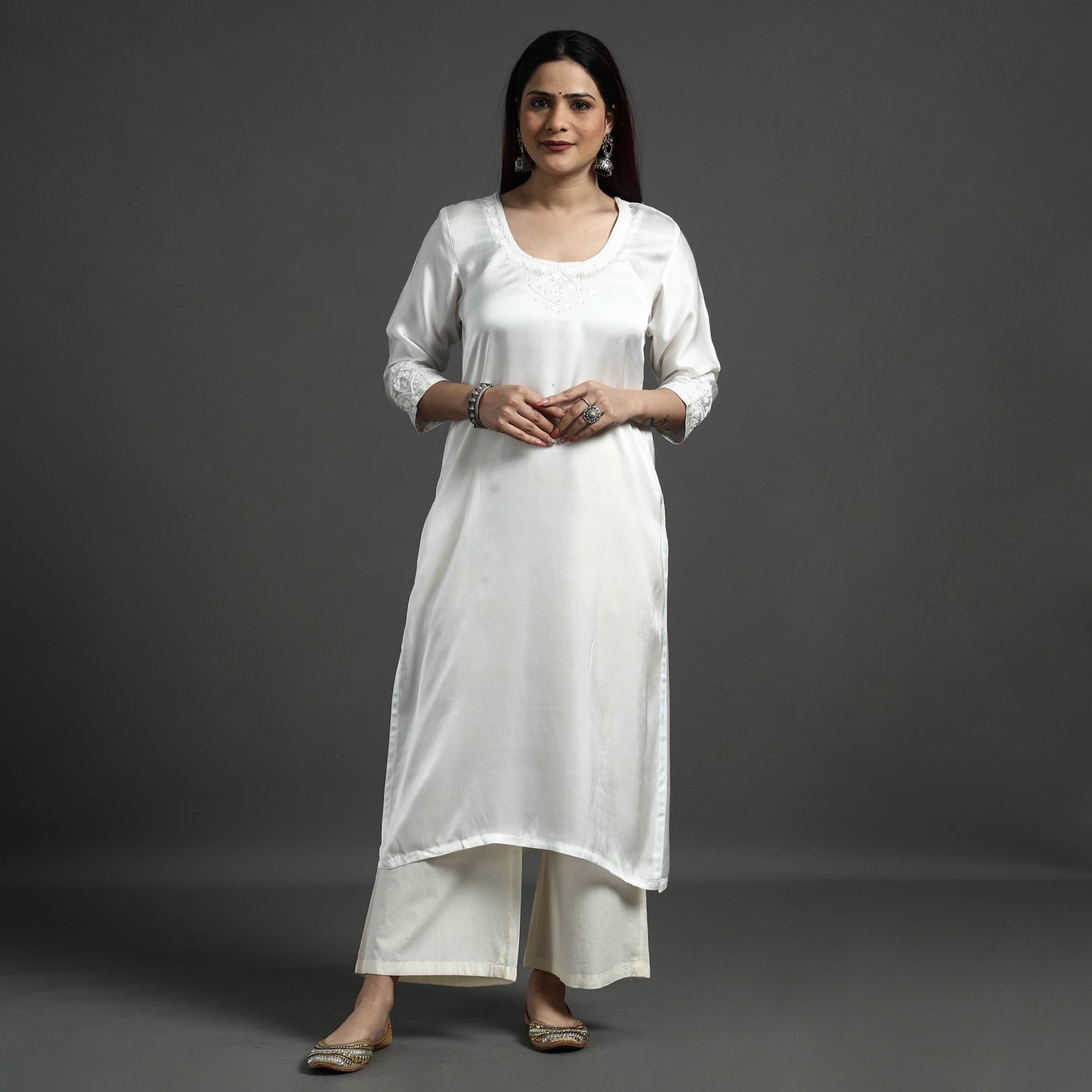 Buy Navy Blue Modal Silk Hand Embroidered Long Kurta l iTokri.com