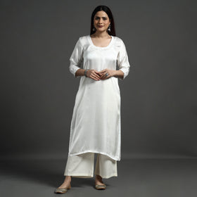 Buy Navy Blue Modal Silk Hand Embroidered Long Kurta l iTokri.com