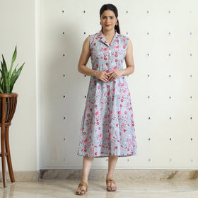 Buy Sanganeri Block Printed Cotton Collared Neck Buttoned Down Dress Online at iTokri.com