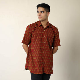 Red - Bagh Hand Block Printed Cotton Men Half Sleeve Shirt 11