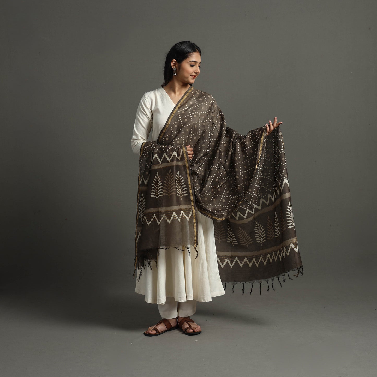 Brown - Block Printed Chanderi Silk Bagru Dupatta 40