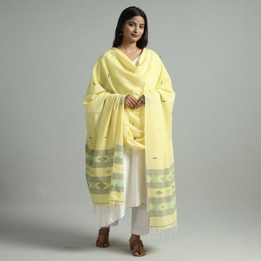 Yellow - Burdwan Jamdani Buti Handloom Cotton Dupatta with Tassels 24