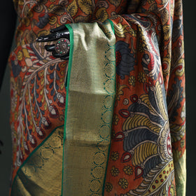 Orange - Kanjeevaram Pure Handloom Mulberry Silk Handpainted Srikalahasti Pen Kalamkari Saree with Zari Work 15